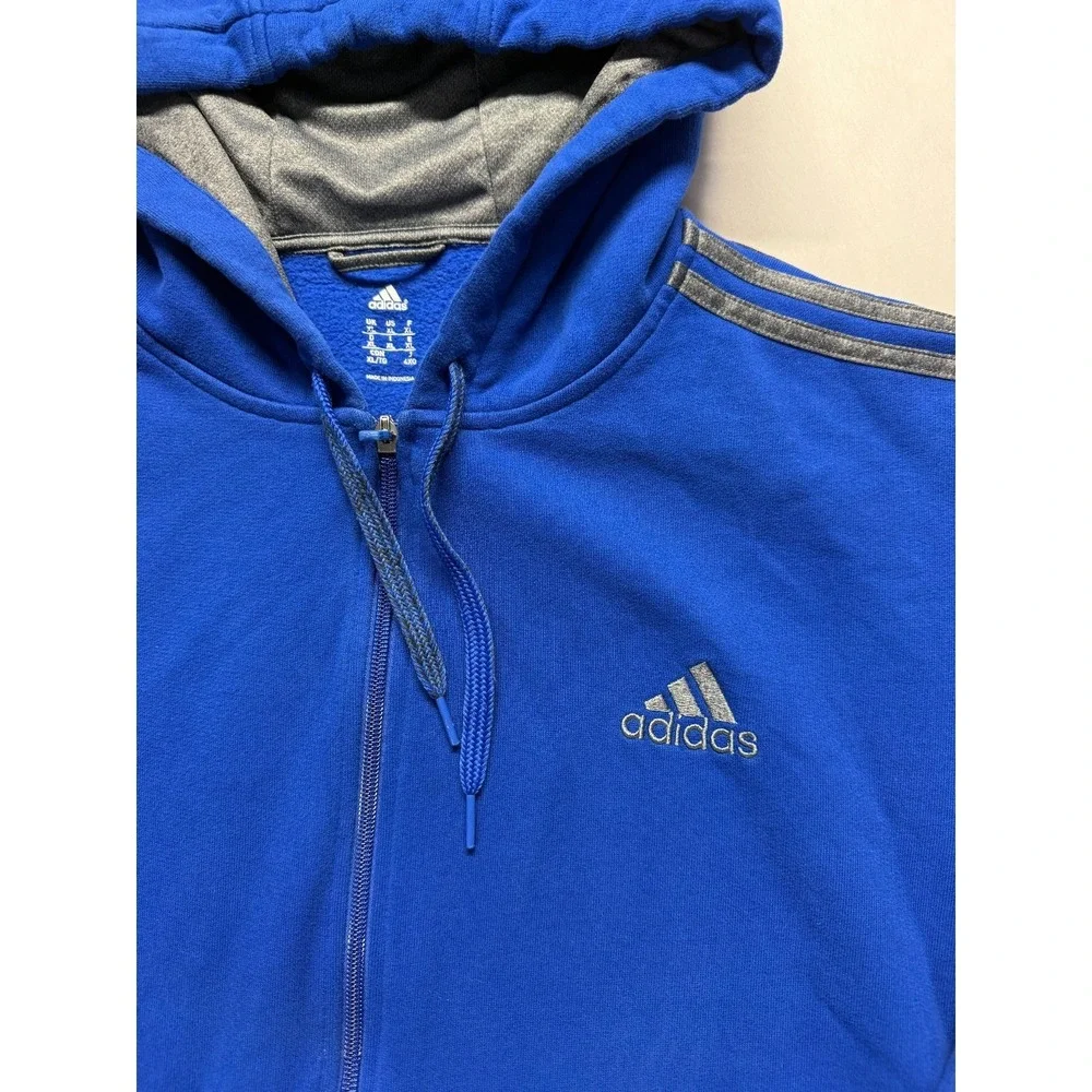 Adidas Essentials‎ Hoodie Mens XL Blue Gray 3 Stripes Logo Fleece Lined Full Zip